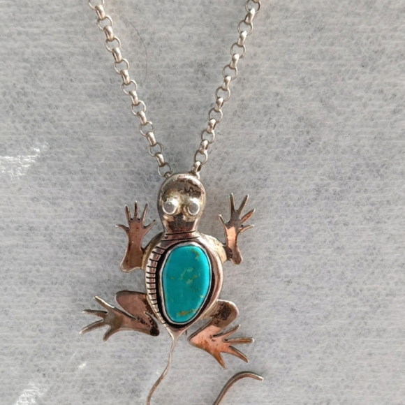 Signed Ben Ration Lizard Gecko Turquoise Sterling Silver Necklace - Picture 7 of 7